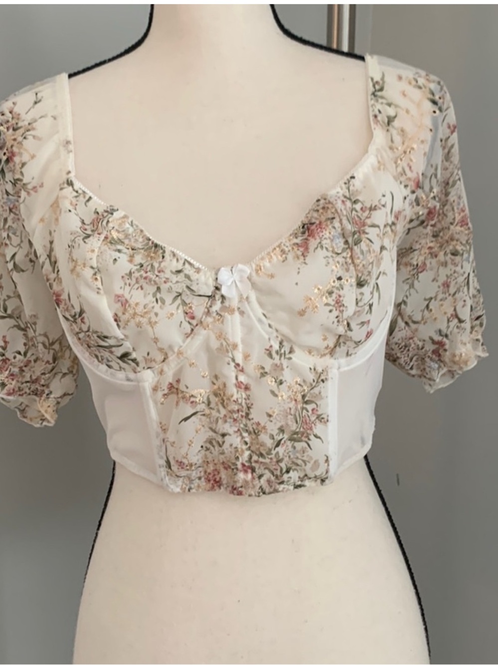 For Love And Lemons Ivory Floral Puff-Sleeve Crop Top with Gold Accents